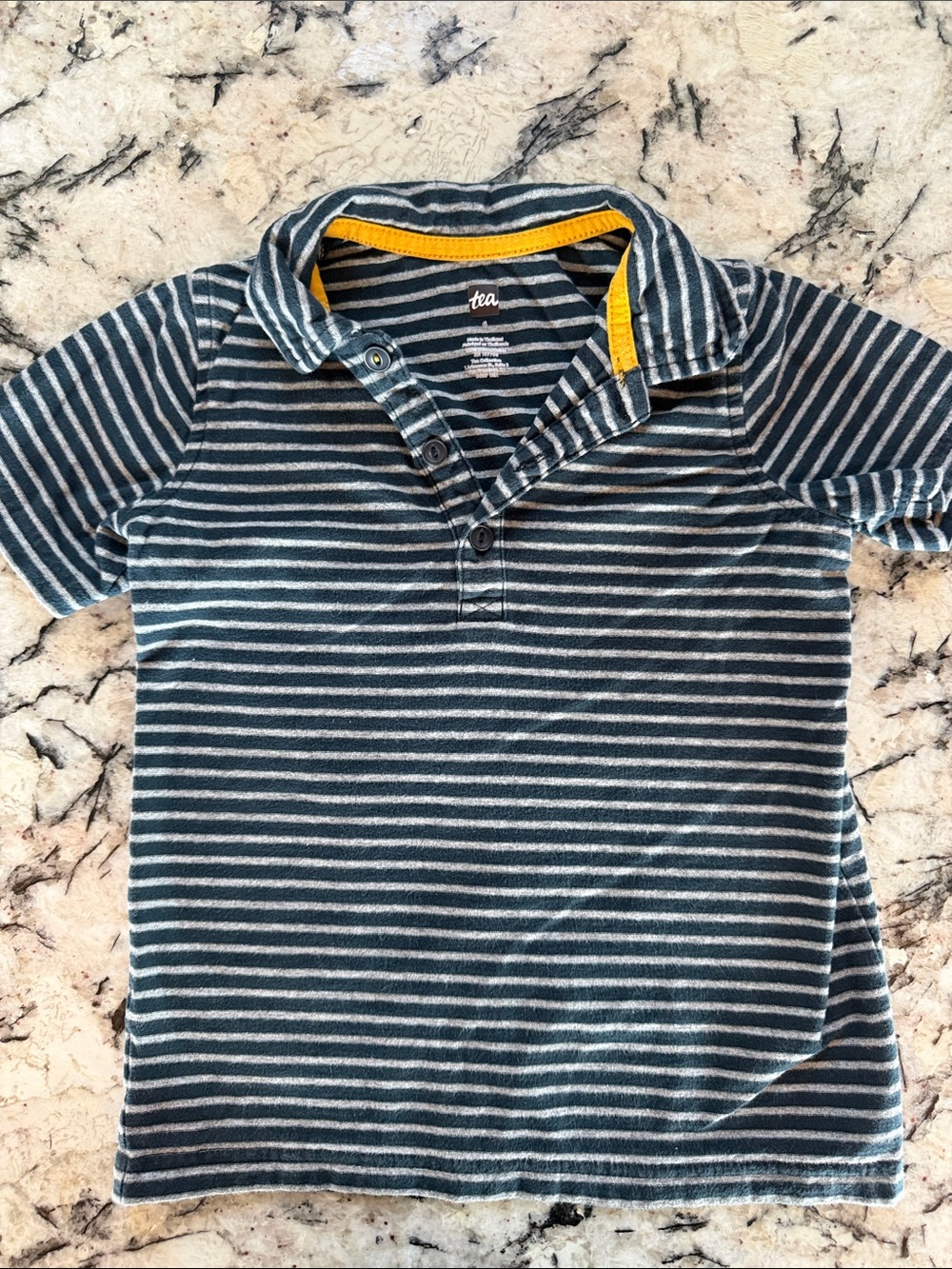 Tea Collection Gray & Black Striped Short Sleeve Henley with Yellow Trim